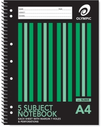 SP- NOTEBOOK OLYMPIC A4 5 SUBJECT 8MM RULED SPIRAL 7 HOLES 240PG