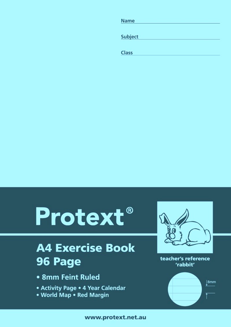 EXERCISE BOOK PROTEXT A4 8MM RULED + MARGIN PP COVER 96PG RABBIT