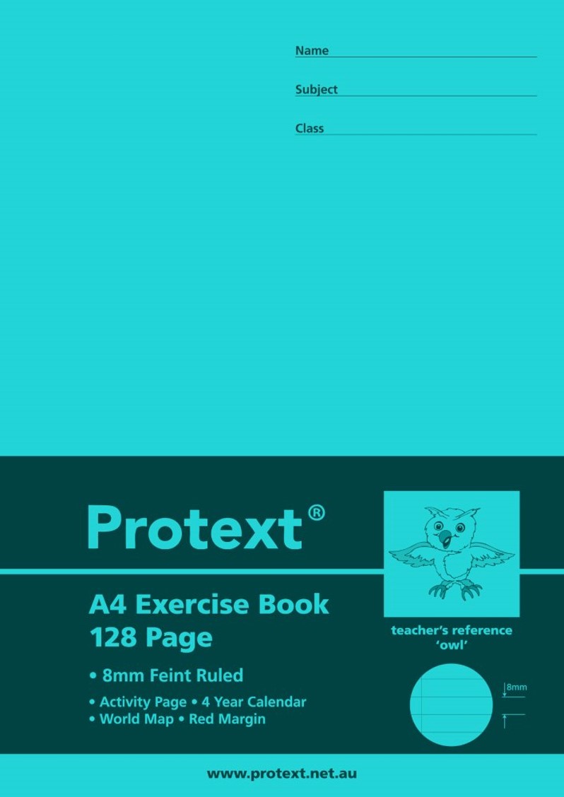 EXERCISE BOOK PROTEXT A4 8MM RULED + MARGIN PP COVER 128PG OWL