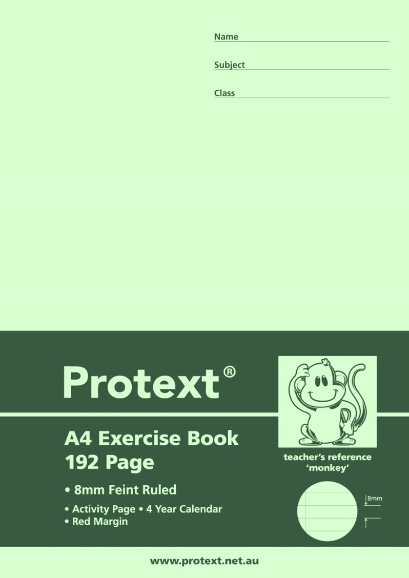EXERCISE BOOK PROTEXT A4 8MM RULED + MARGIN PP COVER 192PG MONKEY