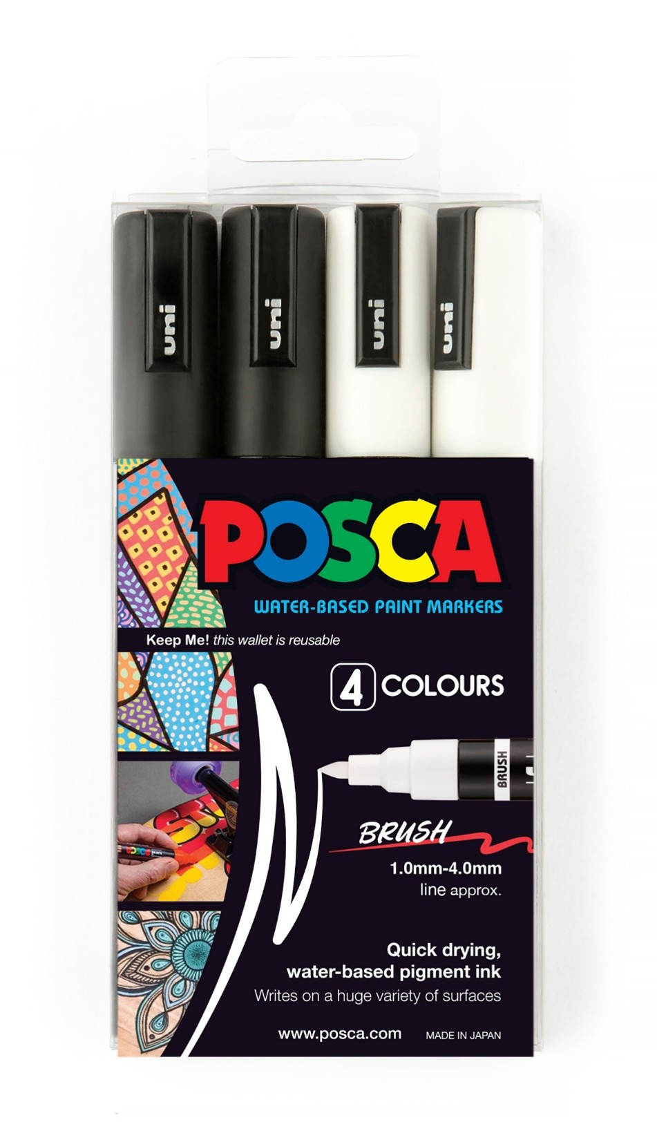 MARKER UNI POSCA PAINT PC5BR FINE BRUSH TIP BLACK/WHITE PK4