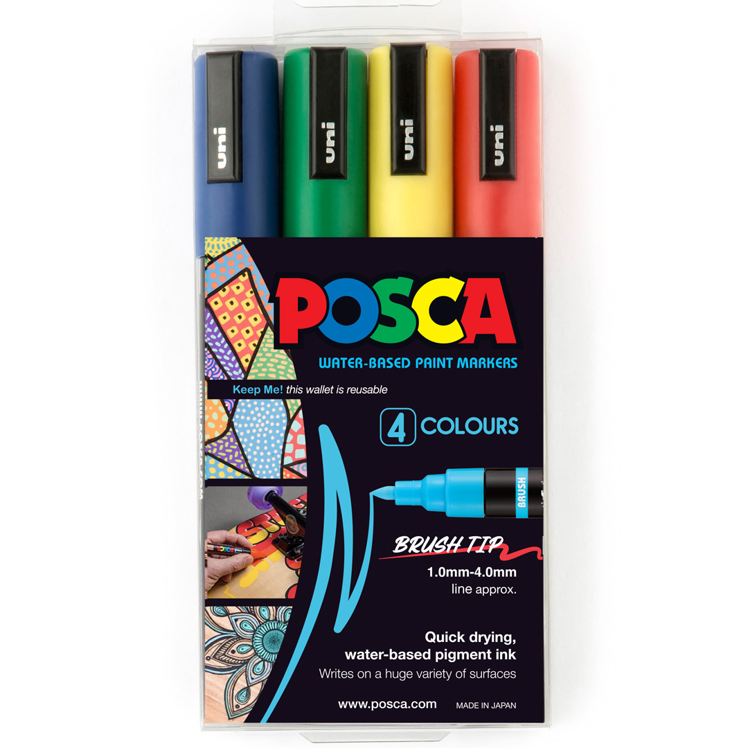 MARKER UNI POSCA PAINT PC5BR FINE BRUSH TIP ASST PK4