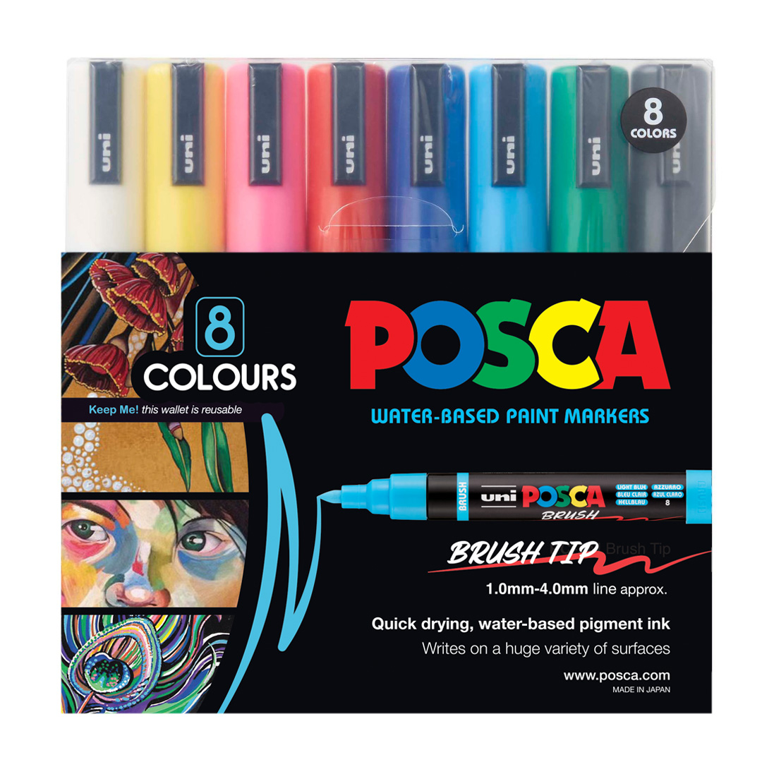 MARKER UNI POSCA PAINT PC5BR FINE BRUSH TIP ASST PK8