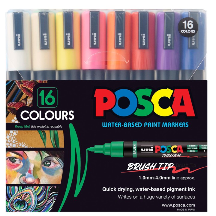 MARKER UNI POSCA PAINT PC5BR FINE BRUSH TIP ASST PK16