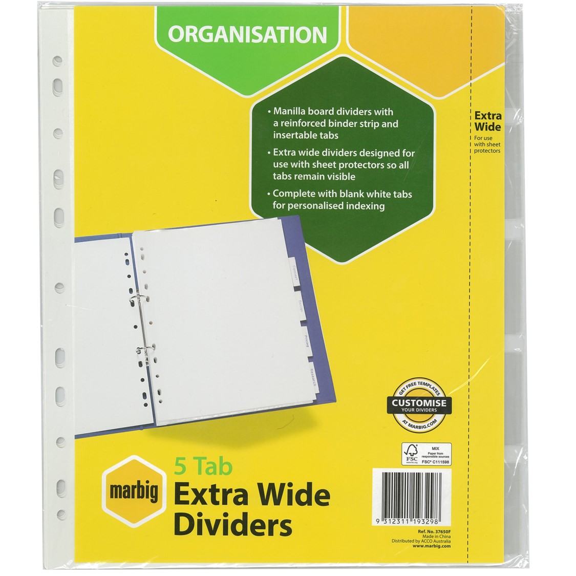 DIVIDERS MARBIG A4 MANILLA EXTRA WIDE 5 TAB WHITE