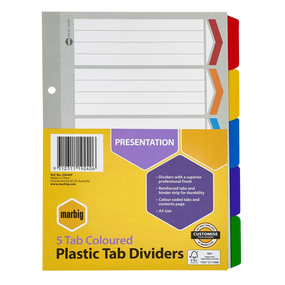 DIVIDERS MARBIG A5 5 TAB REIN BRD ASST COL
