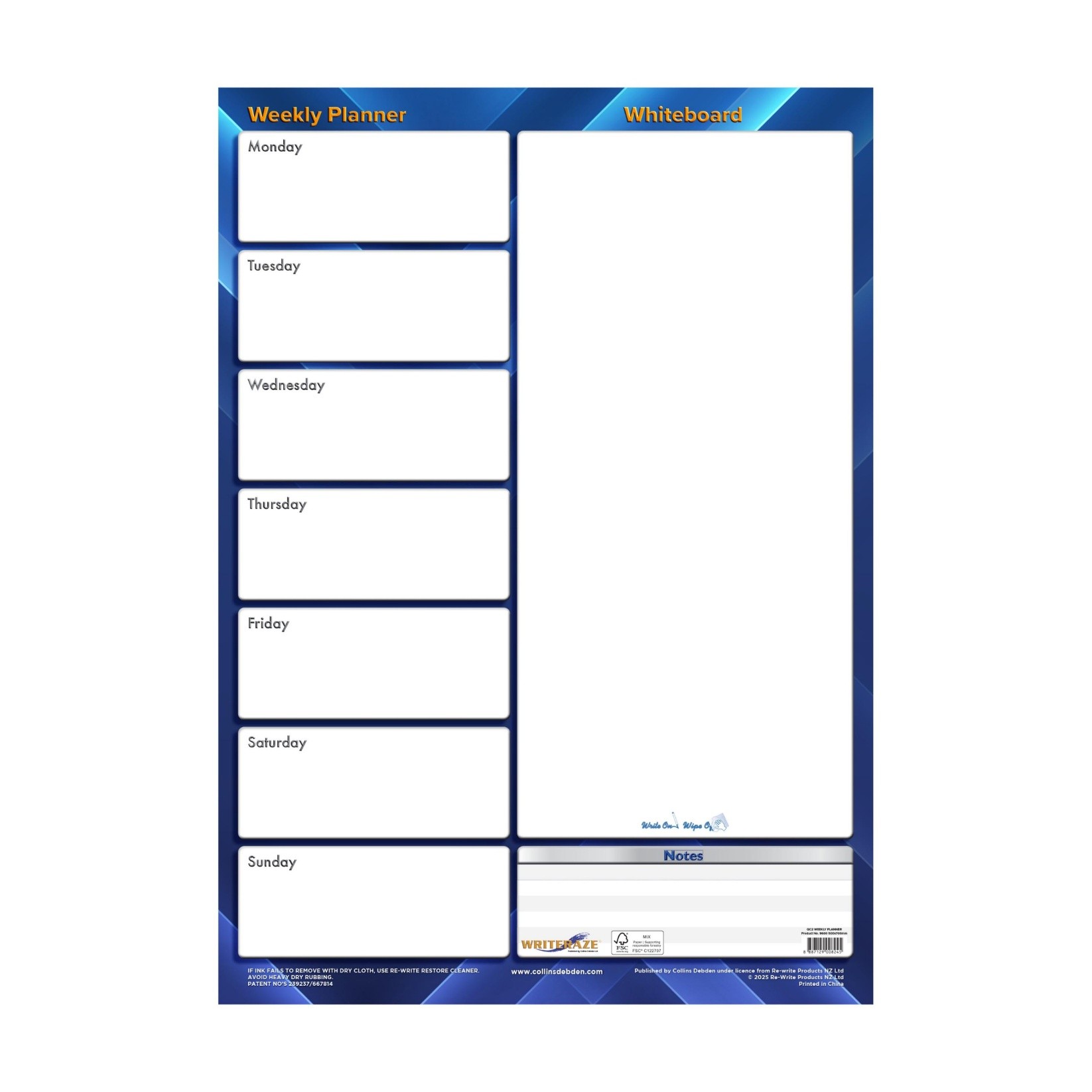 SP- PLANNER WEEKLY COLLINS 500X700MM WRITERAZE 9600 UNDATED