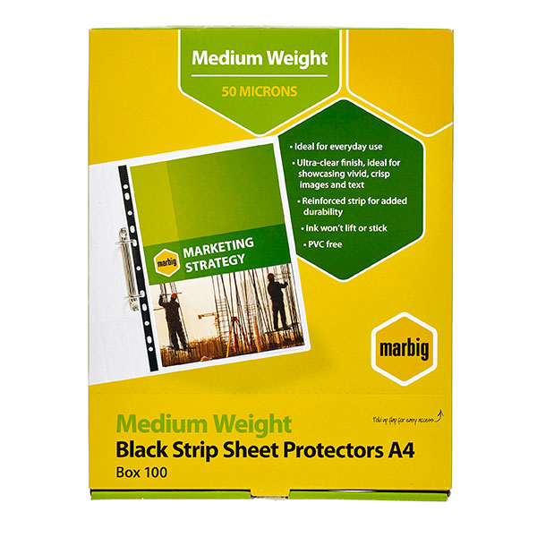 SP- SHEET PROTECTORS MARBIG A4 BLACK EDGE 50 MICRON BX100
