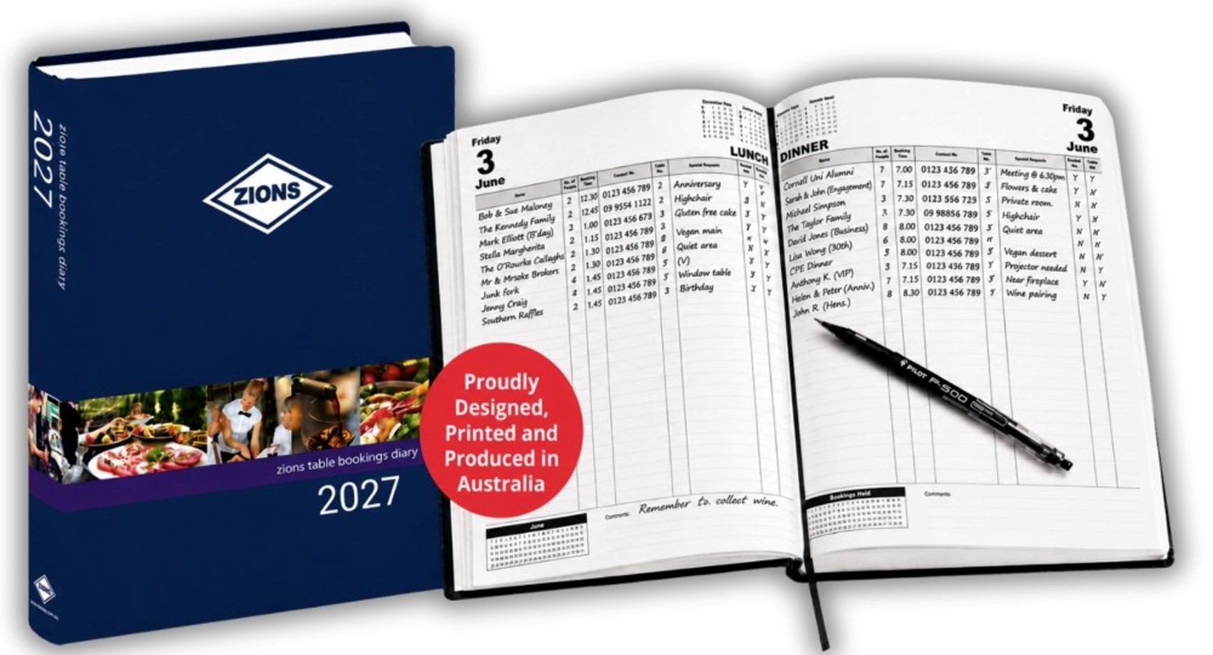 DIARY 2027 ZIONS TABLE BOOKINGS A4 2PTD TABLE BOOKING AUST MADE