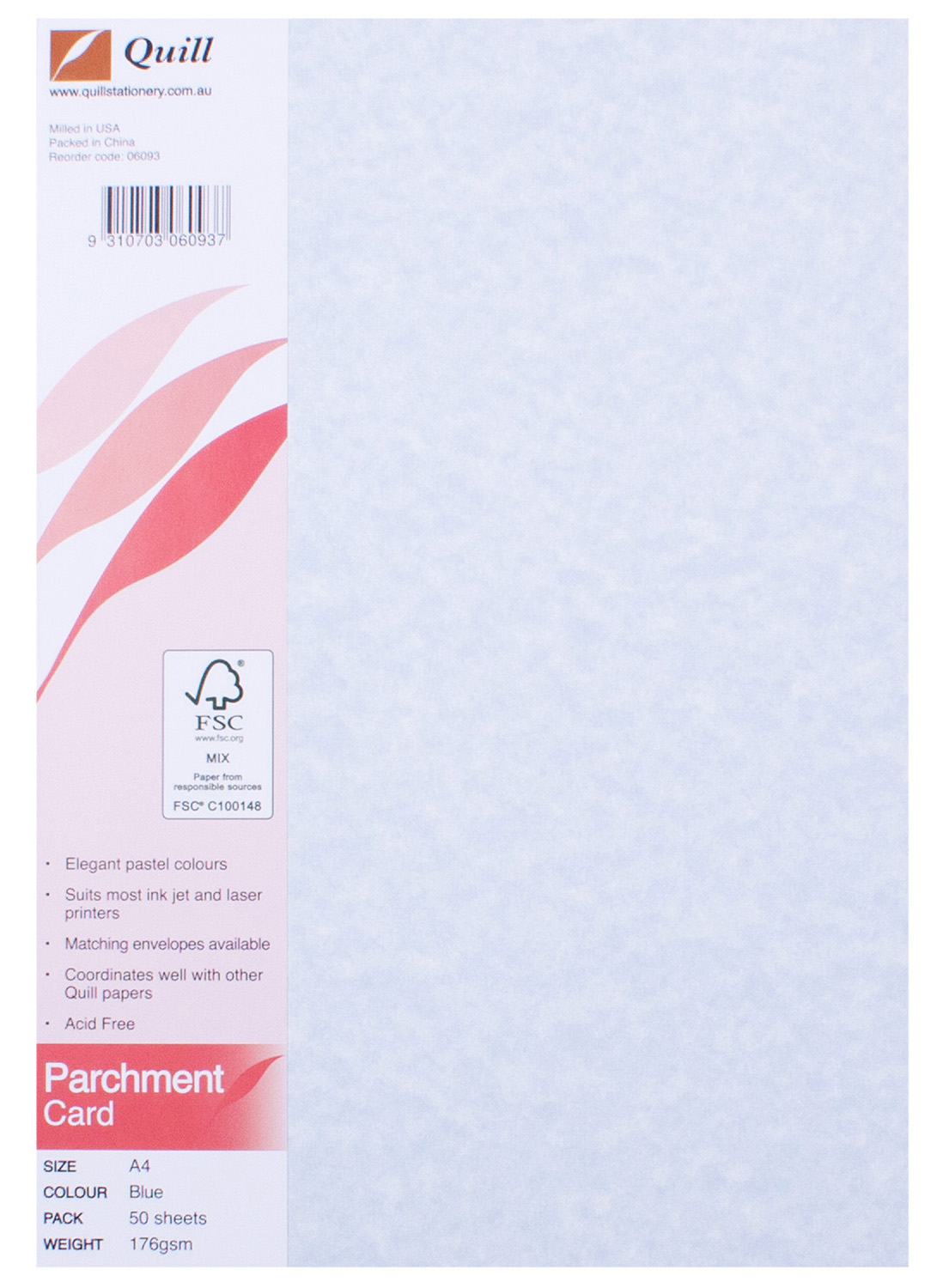 CARD QUILL A4 PARCHMENT BLUE 176GSM PK50