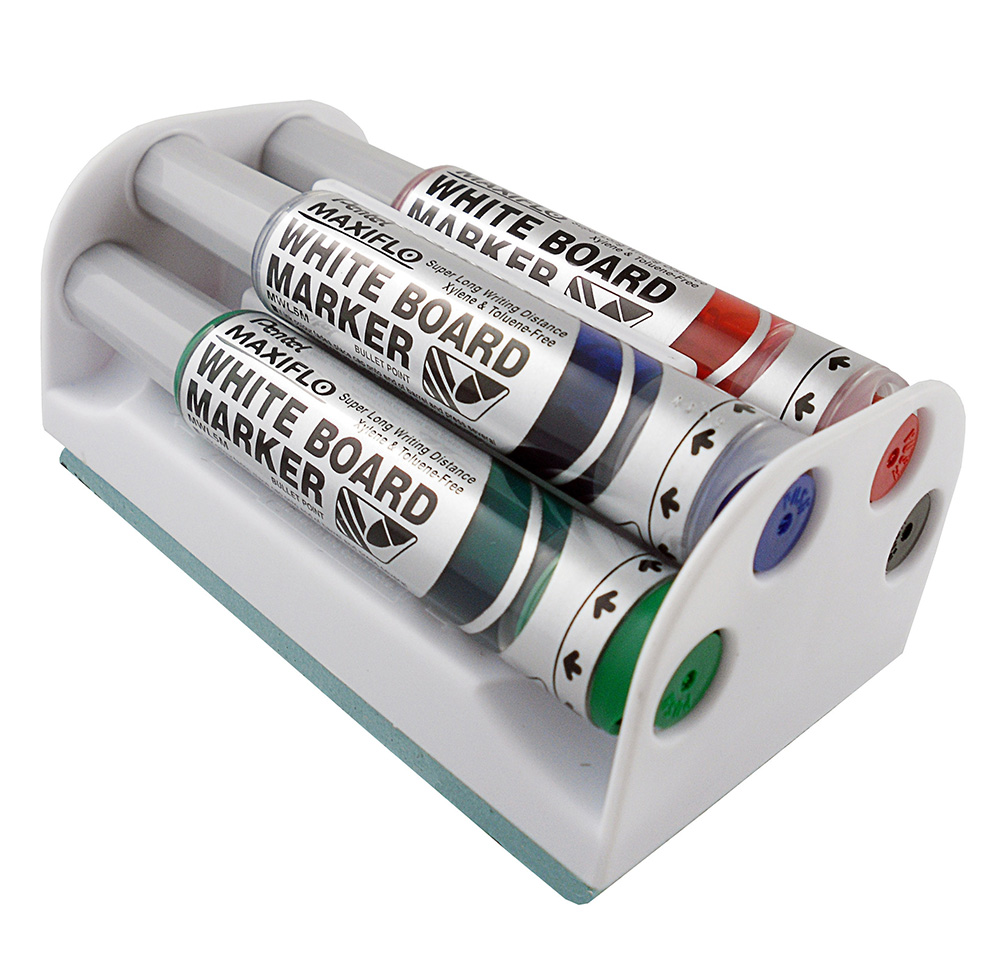 WHITEBOARD ERASER SET PENTEL MAXIFLO 4'S MAGNETIC HOLDER