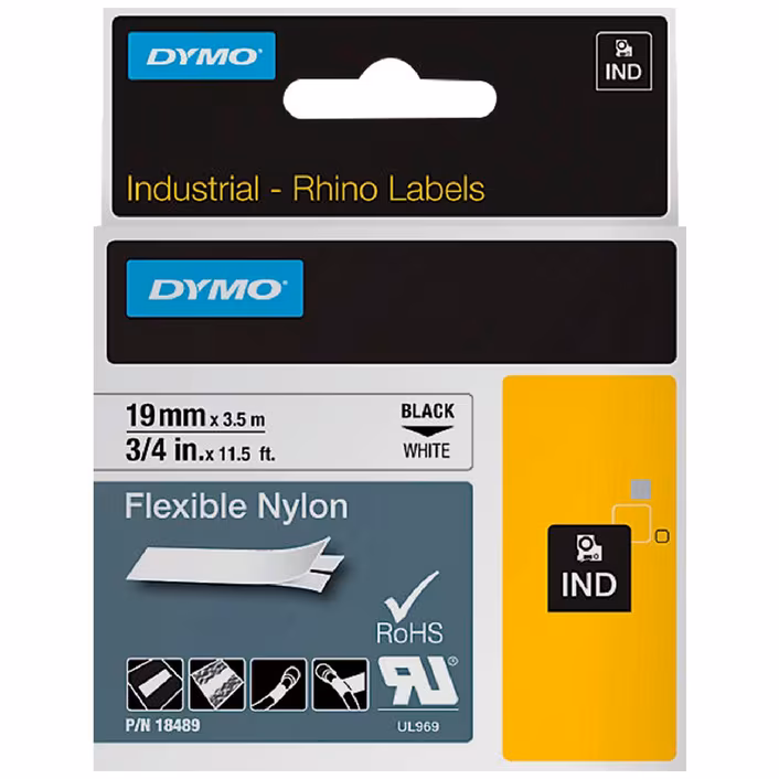 LABEL TAPE DYMO 19MMX3.5M FLEXIBLE NYLON WHITE (IN R5000 KIT)