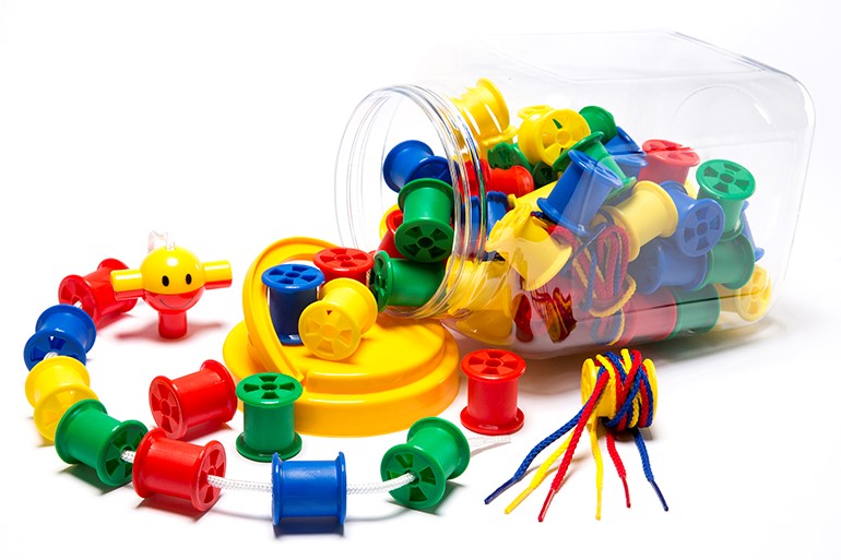 SP- COUNTERS COTTON REEL 30MM JAR (80) [RD BL GR YW] & 8 LACES LEARNING CAN