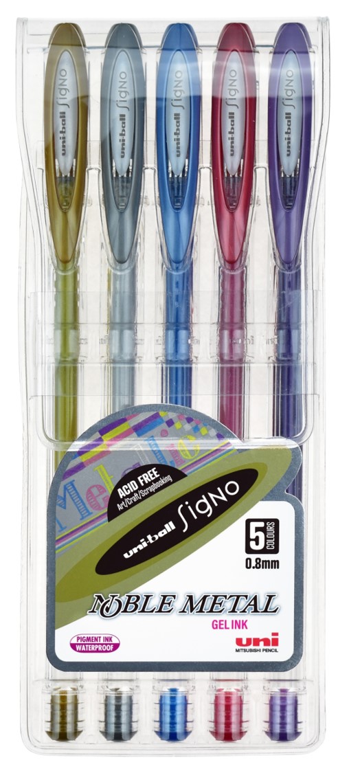 PEN UNI SIGNO UM120NM GEL RB NOBEL METALLIC 0.8MM ASST PK5