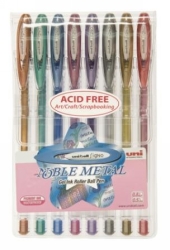 PEN UNI SIGNO UM120NM GEL RB NOBEL METALLIC 0.8MM ASST PK8