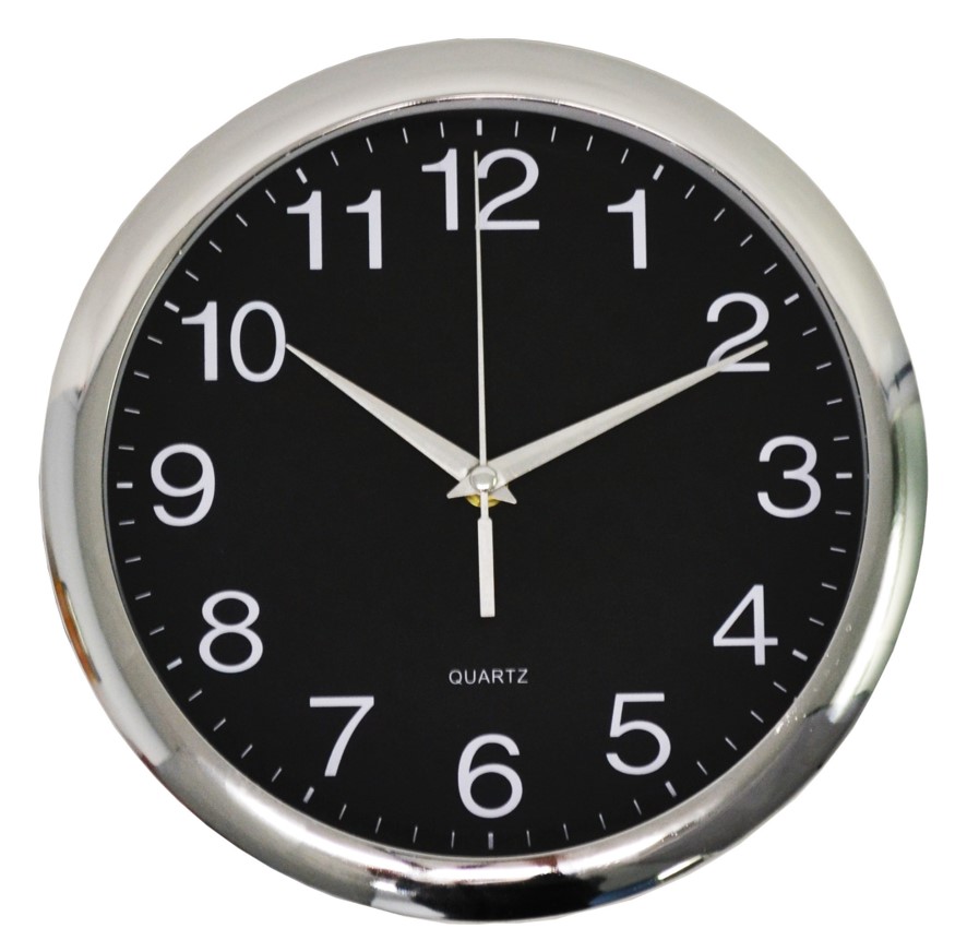 CLOCK ITALPLAST 30CM WALL BLACK FACE/CHROME TRIM