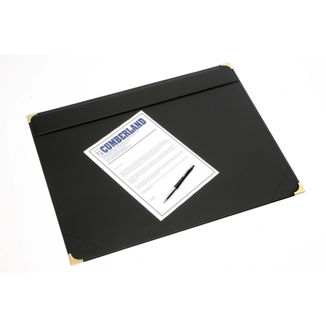 SP- DESK MAT BLACK PVC GOLD CORNERS 487X610MM