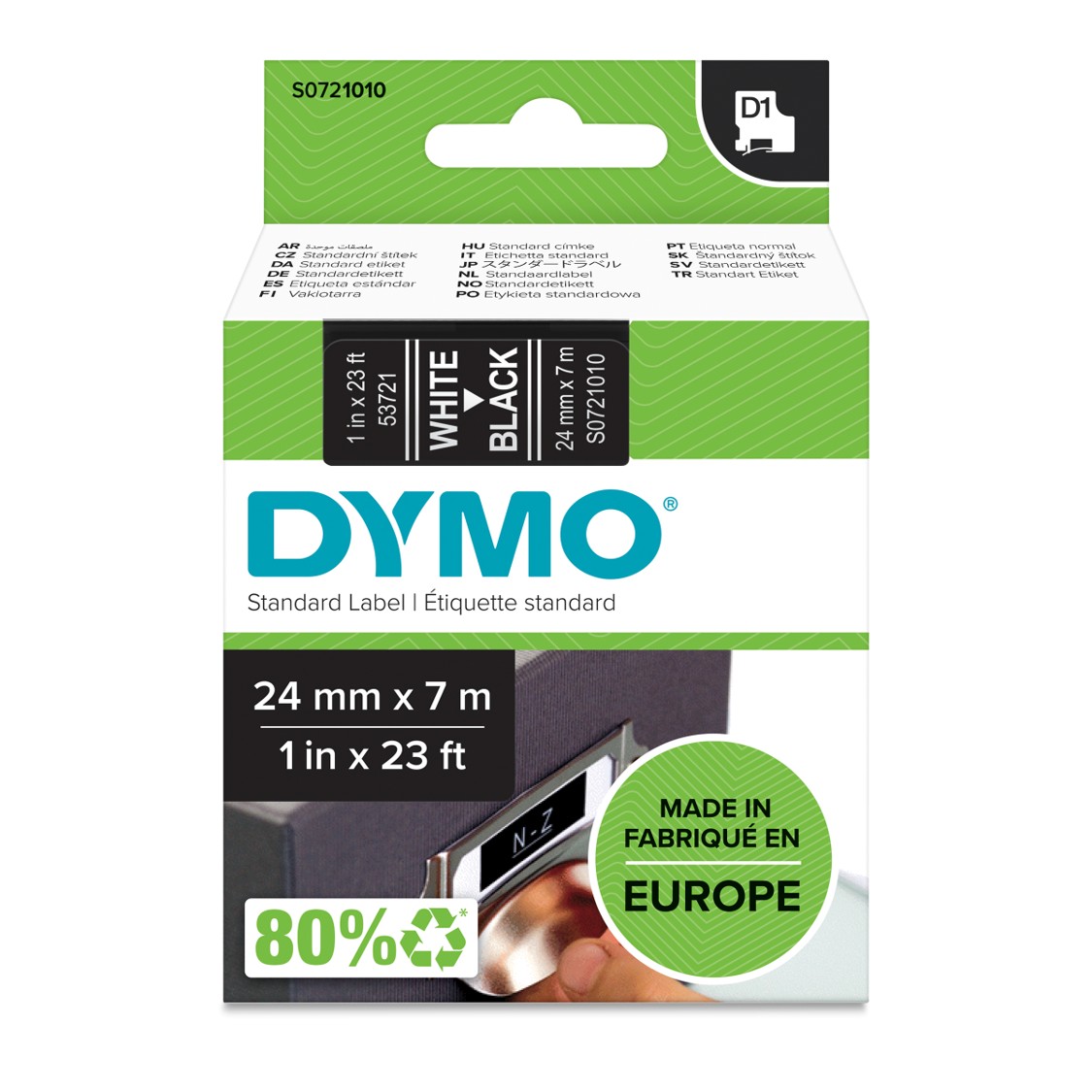 SP- LABEL TAPE DYMO D1 24MMX7M WHITE ON BLACK