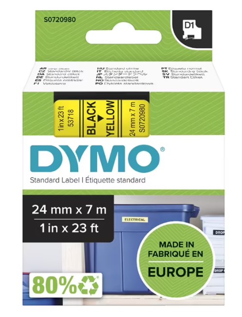 SP- LABEL TAPE DYMO D1 24MMX7M BLACK ON YELLOW