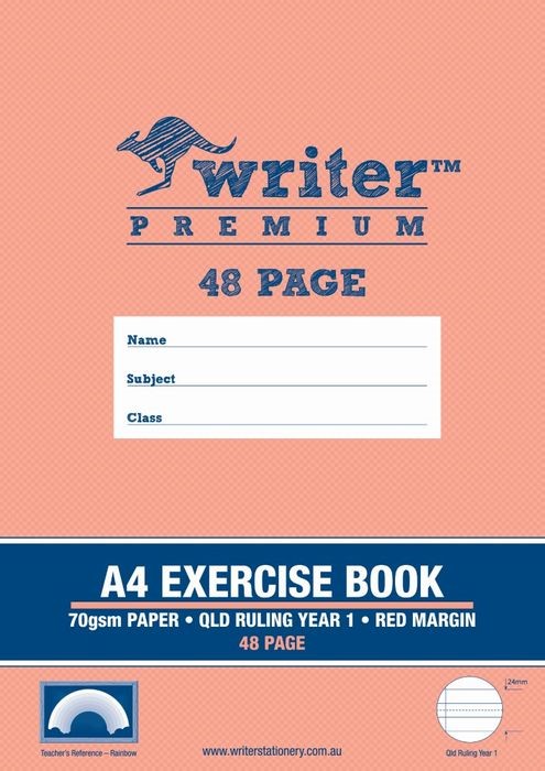 EXERCISE BOOK WRITER PREMIUM A4 48PG QLD YR1 RULED + MARGIN RAINBOW