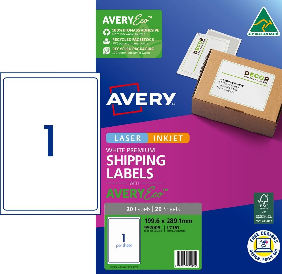 LABEL AVERY ECO L7167 SHIPPING 1UP 199.6X289.1MM PK20