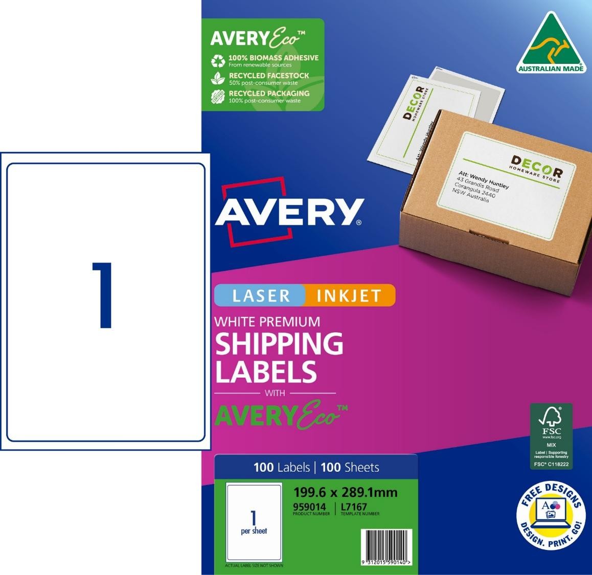 LABEL AVERY ECO L7167 SHIPPING 1UP 199.6X289.1MM PK100