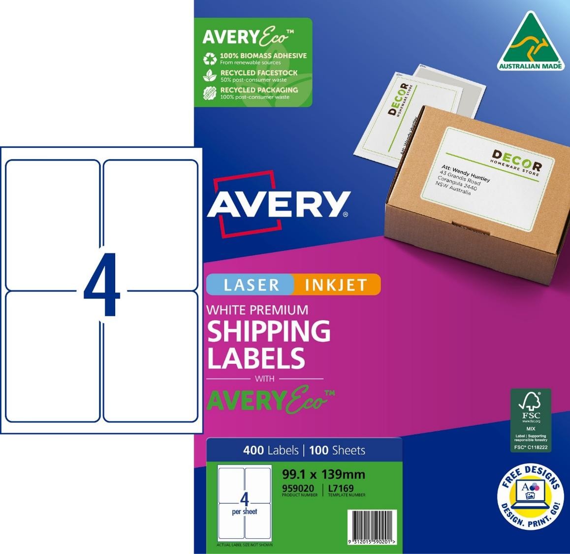LABEL AVERY ECO L7169 SHIPPING 4UP 99.1X139MM PK100