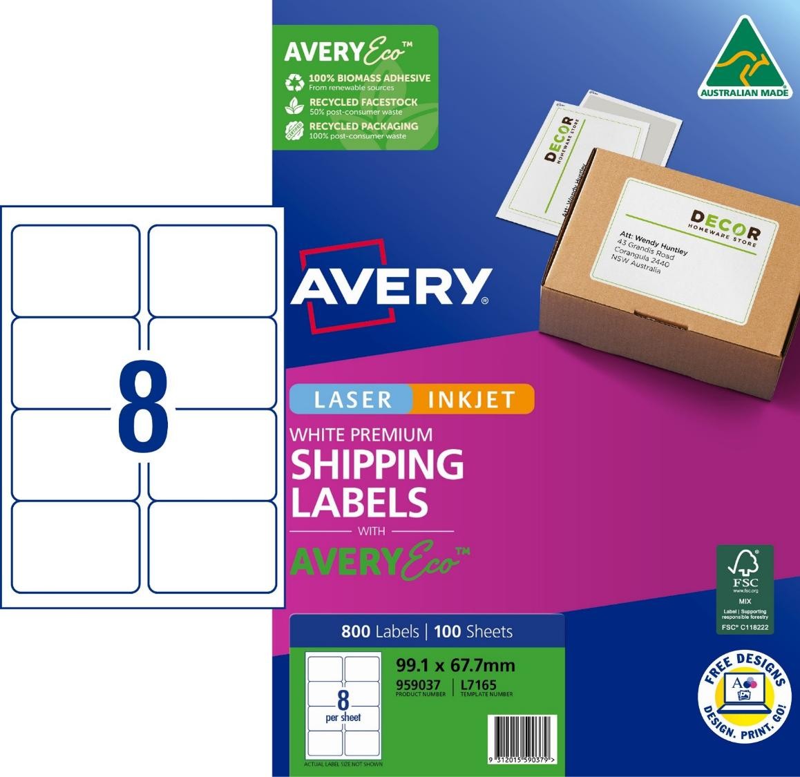 LABEL AVERY ECO L7165 SHIPPING 8UP 99.1X67.7MM PK100