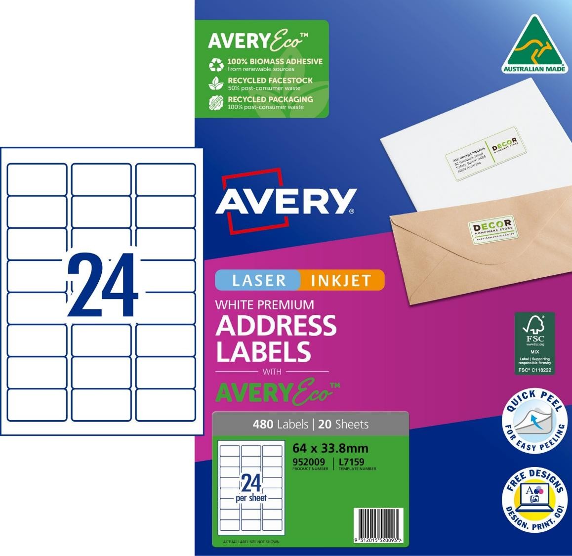 LABEL AVERY ECO L7159 ADDRESS 24UP 63.5X33.9MM PK20