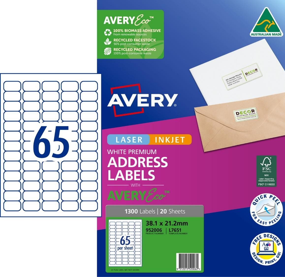 LABEL AVERY ECO L7651 ADDRESS 65UP 38.1X21.2MM PK20