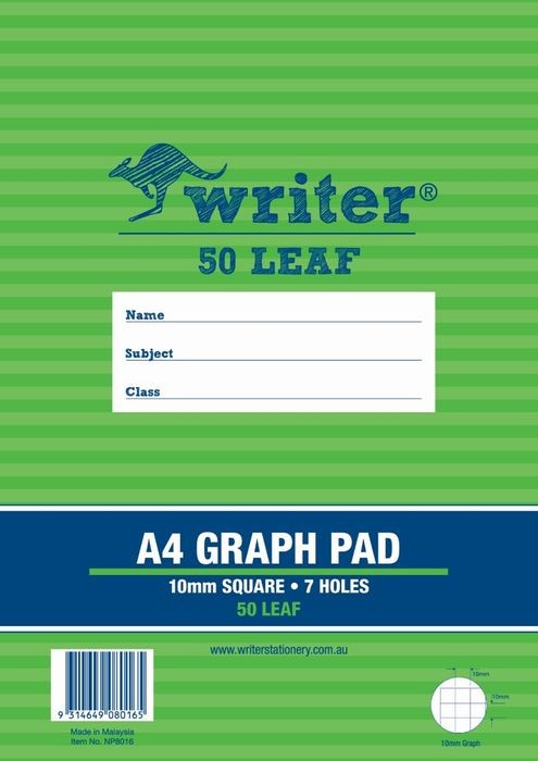 GRAPH PAD WRITER A4 10MM 50 LEAF 7 HOLE