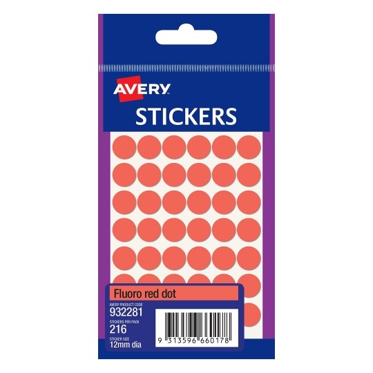SP- LABEL AVERY F/P 12MM FLUORO RED DOT 932281