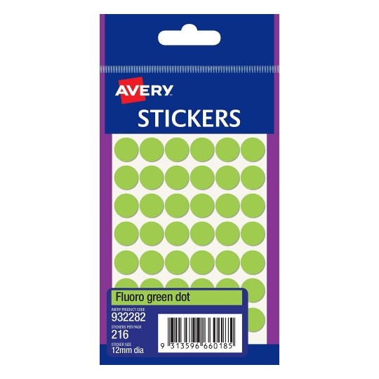 SP- LABEL AVERY F/P 12MM FLUORO GRN DOT 932282 PK10
