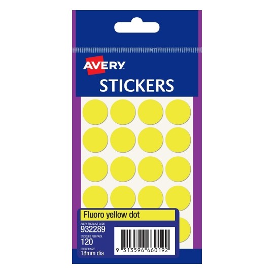 SP- LABEL AVERY F/P 18MM FLUORO YELL DOT 932289
