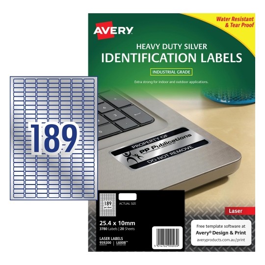 LABEL AVERY LASER L6008 SILVER H/DUTY 25.4X10MM 189UP PK20