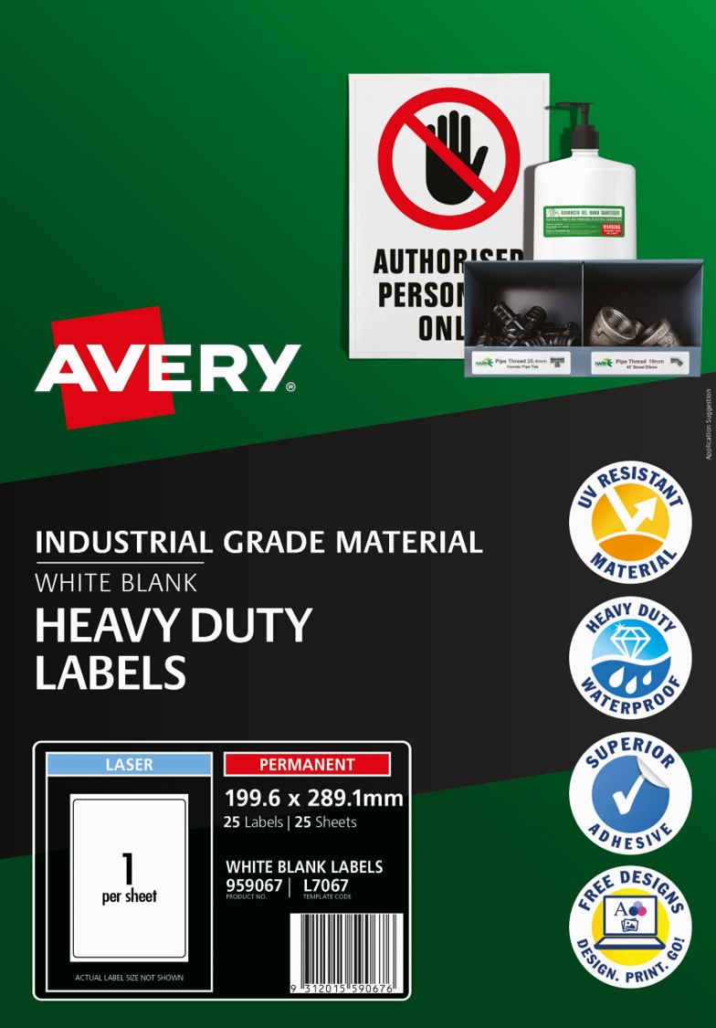 LABEL AVERY LASER L7067 SHIP H/DUTY 199.6X289.1 1UP PK25