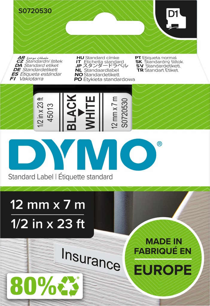 LABEL TAPE DYMO D1 12MMX7M 45013 BLACK ON WHITE