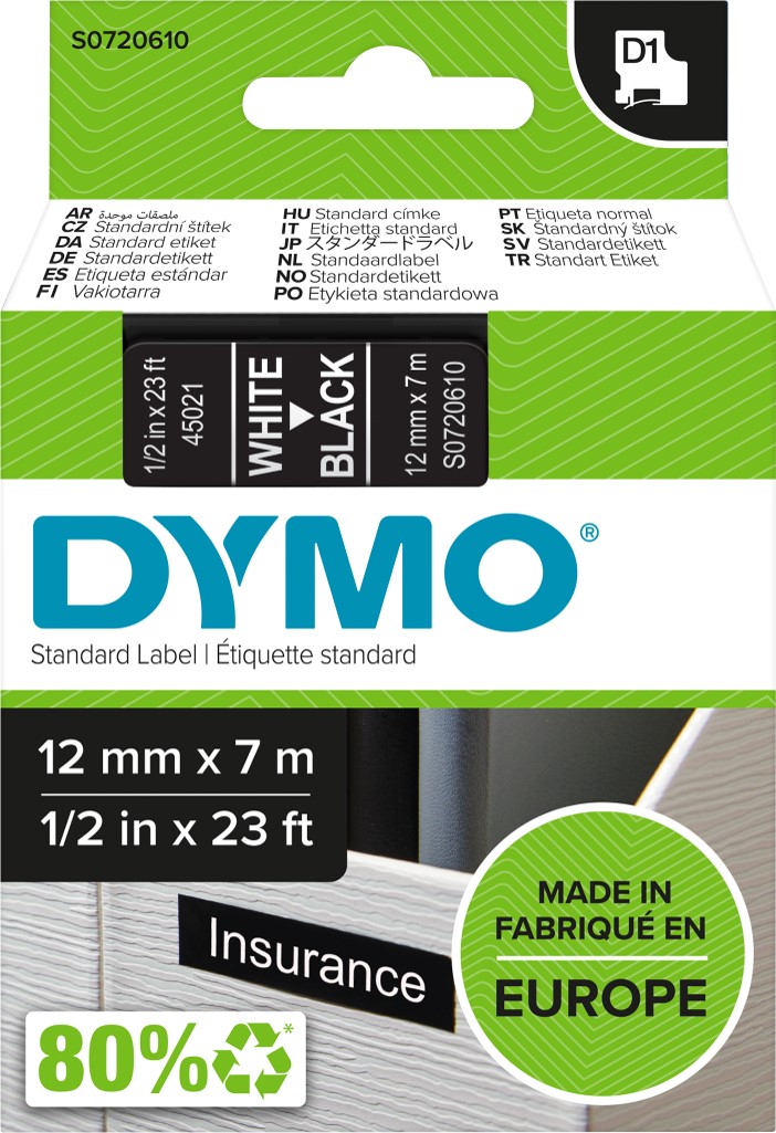 LABEL TAPE DYMO D1 12MMX7M WHITE ON BLACK