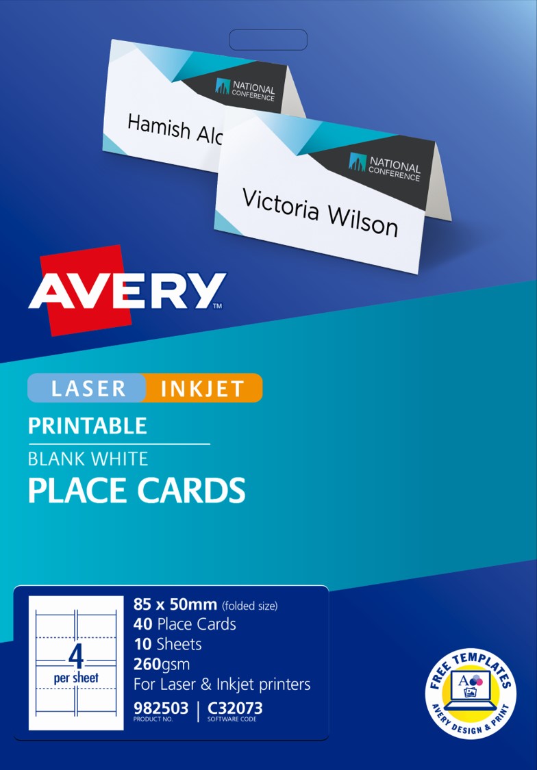 PLACECARDS AVERY PRINTABLE FOLDED 85X50MM C32073 10 SHT 4UP WHITE