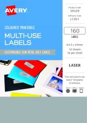 LABEL AVERY 63.5X24 RECTANGULAR LASER 16UP GUN METAL GREY PK160