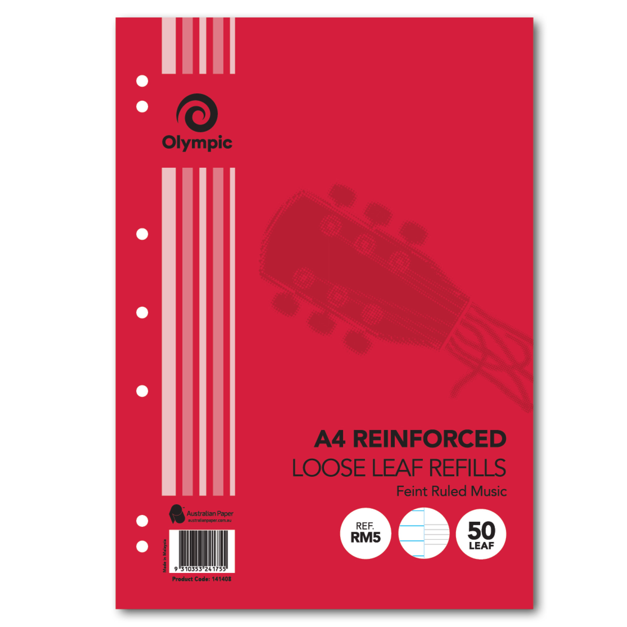 LOOSE LEAF REINFORCED REFILLS OLYMPIC A4 MUSIC 50 LEAF