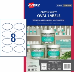 LABELS AVERY L7127 84.7X50.8MM GLOSSY OVAL 8UP WHITE PK10