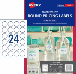 LABELS AVERY LASER L7129 40MM ROUND MATT WHITE 24UP PK8