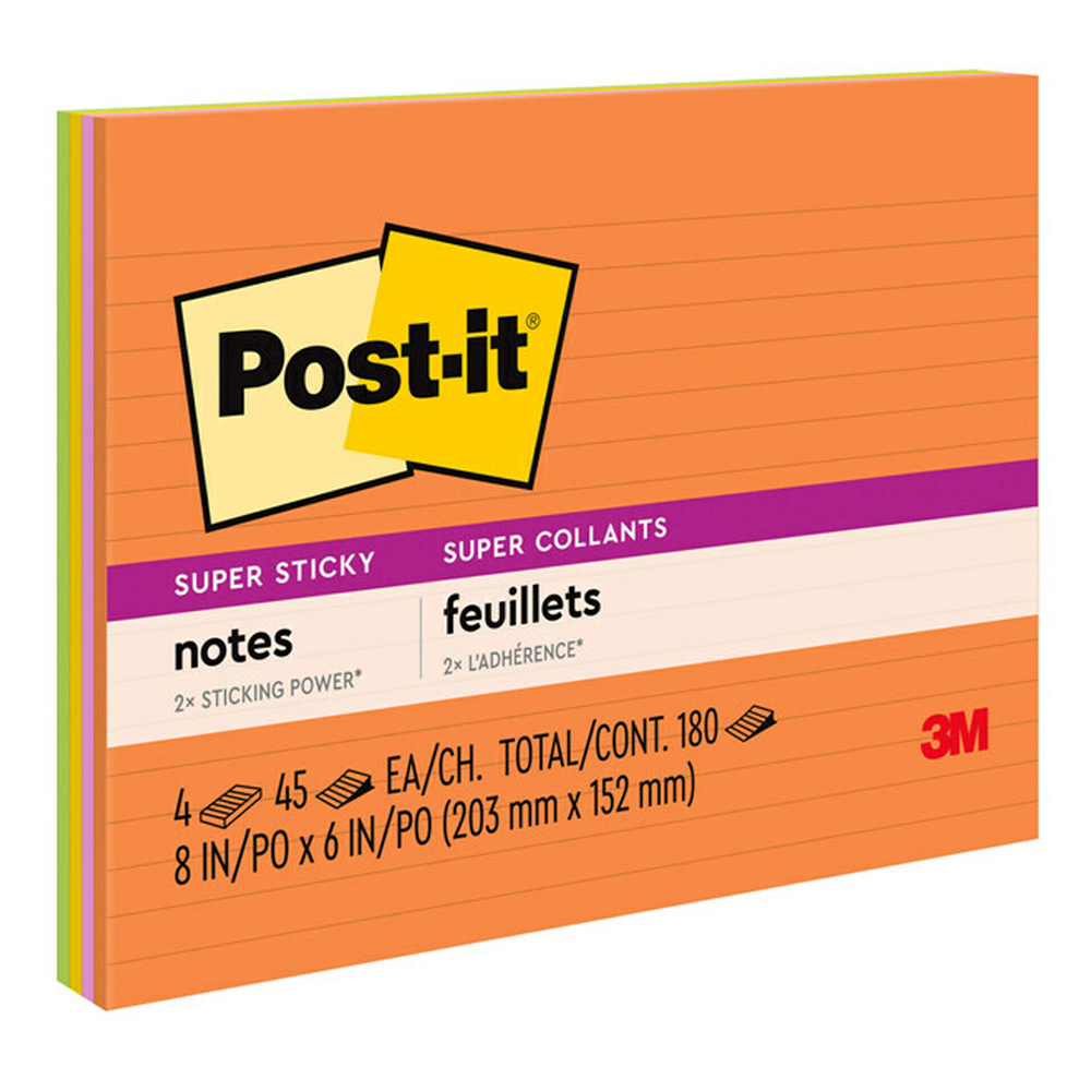 NOTES POST-IT 203X152MM 6845-SSPL LINED NEON FIZZ 45 SHEETS PK4