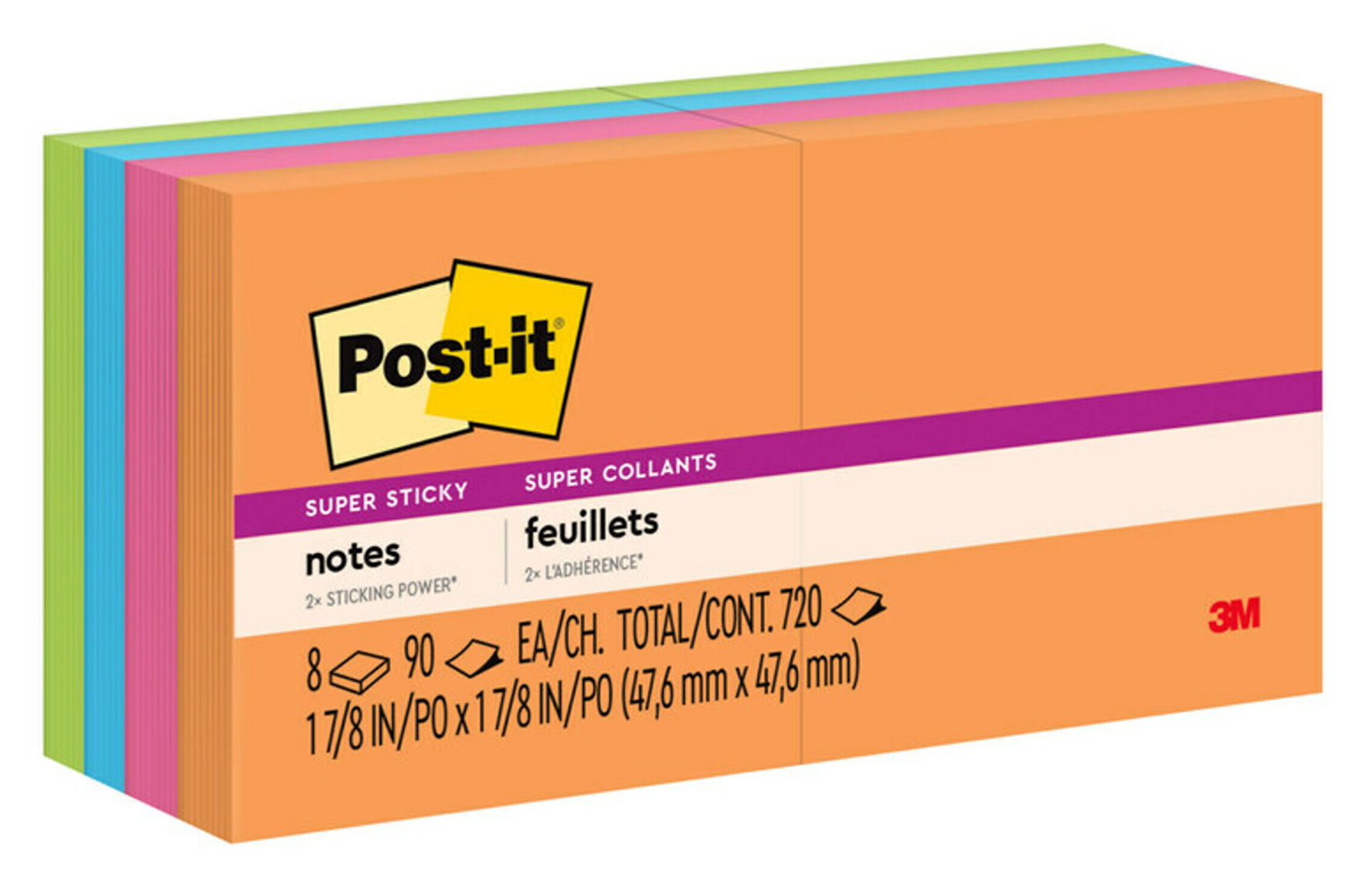 NOTES POST-IT SUPER STICKY 45X45MM 622-8SSAU NEON FIZZ