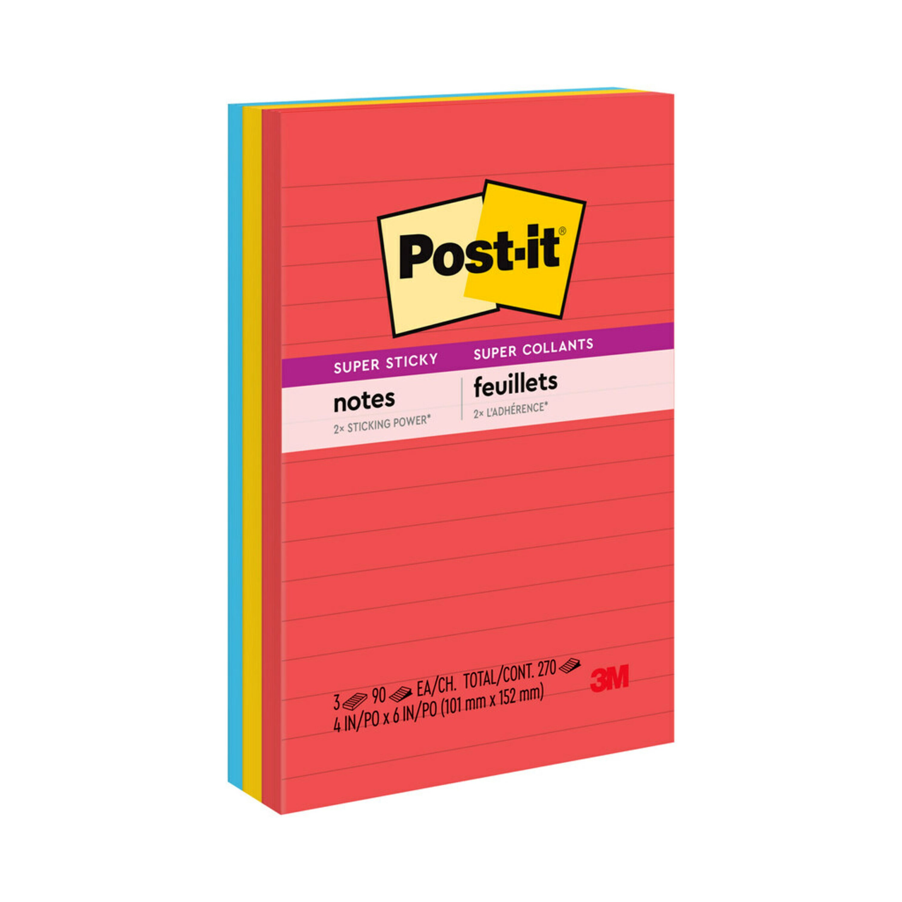 NOTES POST-IT SUPER STICKY 101X152MM 660-3SSAN ASST PLAYFUL PRIMARIES