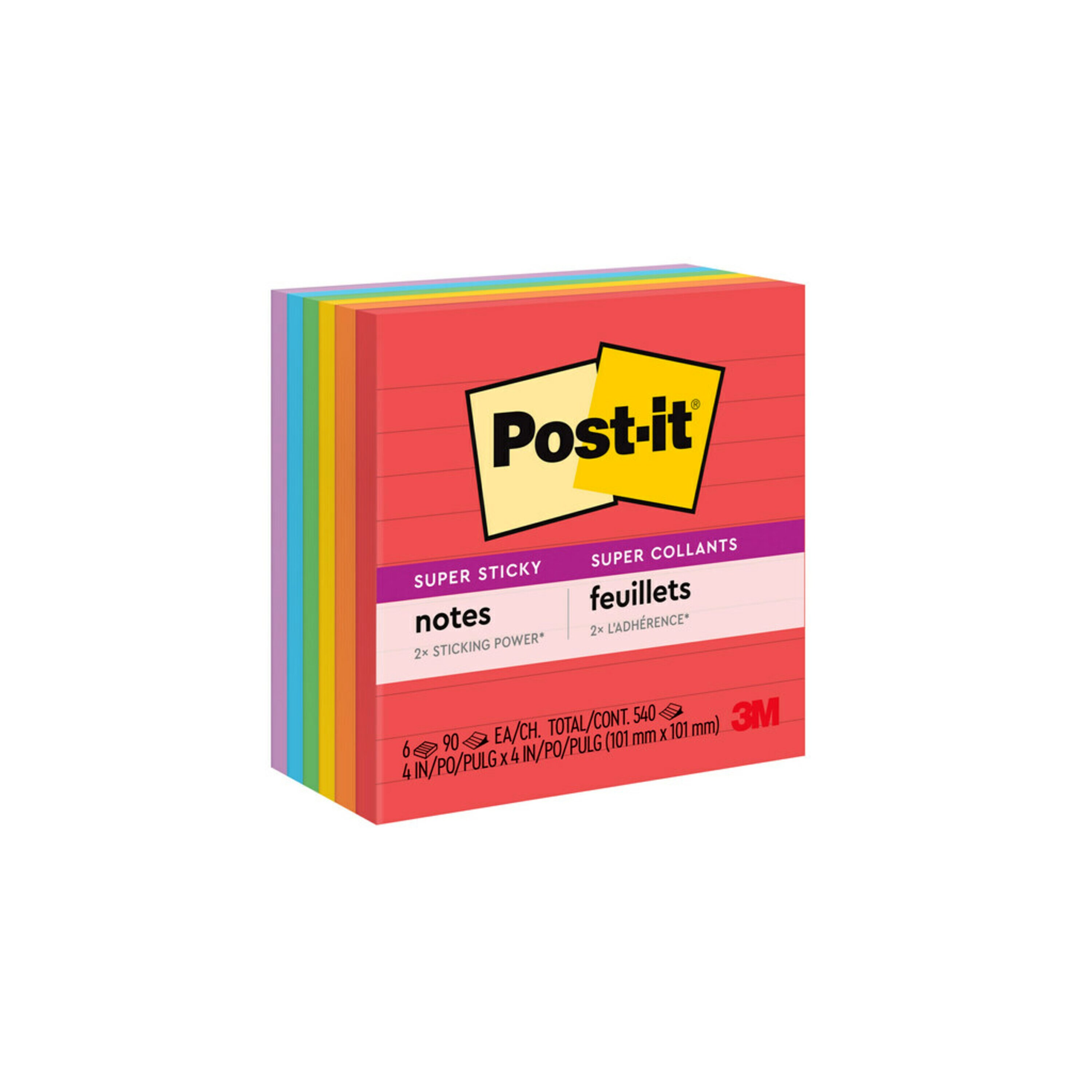 NOTES POST-IT SUPER STICKY 101X101MM 675-6SSAN LINED PLAYFULL PRIMARIES PK6