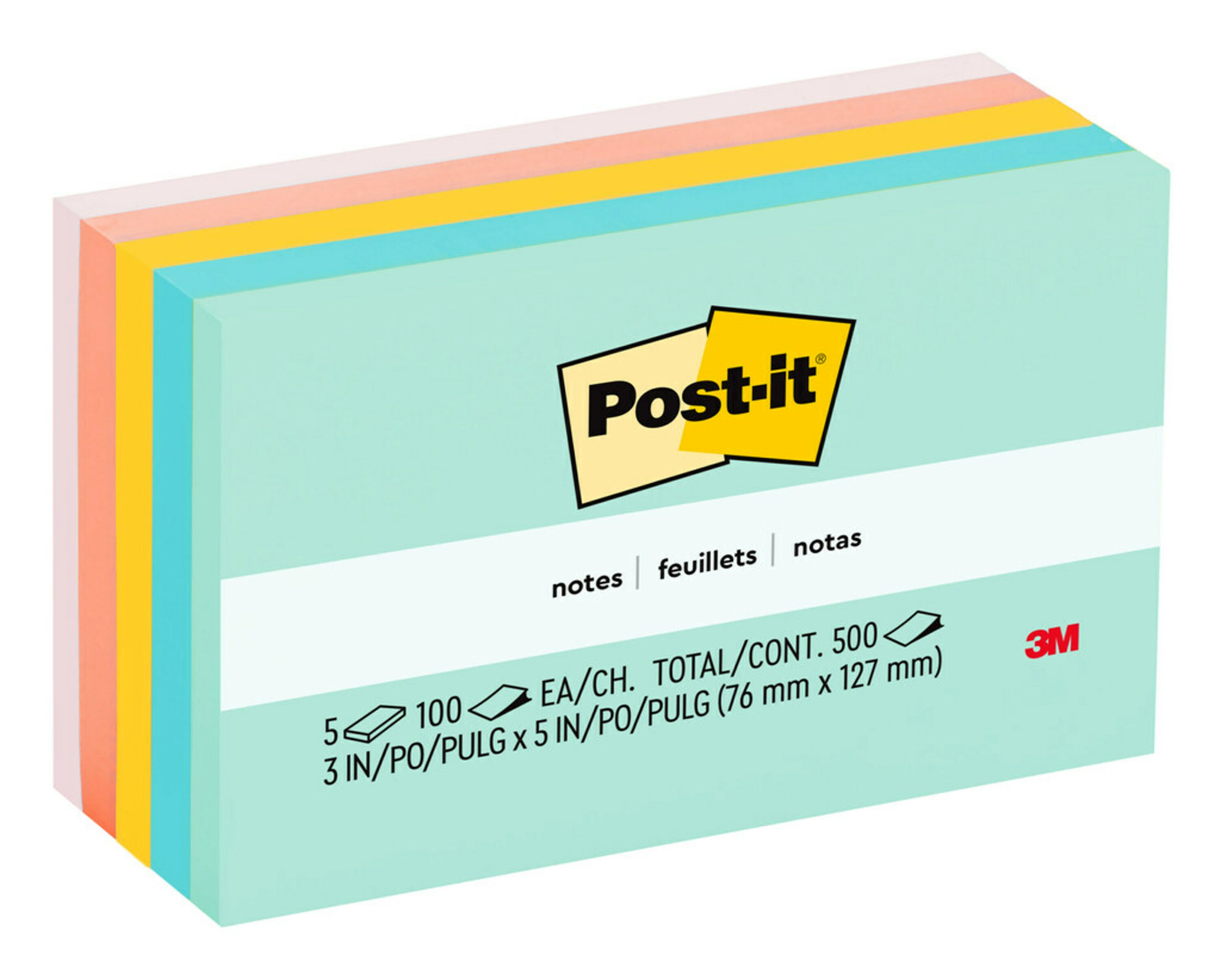 NOTES POST-IT 76X127MM 655-AST BEACHSIDE CAFE 100 SHEETS PK5