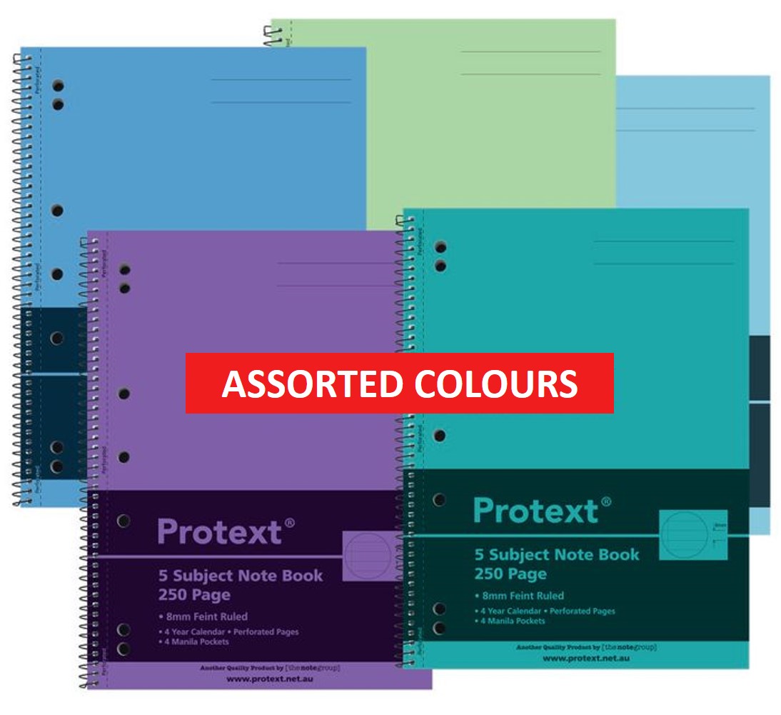 NOTEBOOK PROTEXT PP A4 250PG 5 SUBJECT 8 POCKETS ASST