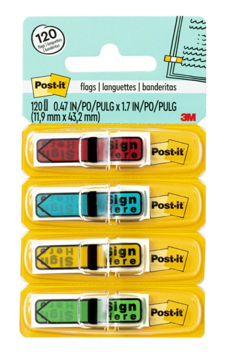 FLAGS POST-IT 684-SH SIGN HERE BRIGHT COLOURS PK4